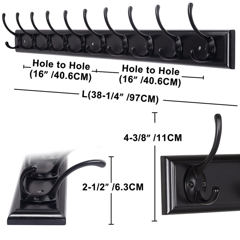 Dseap Coat Rack Wall Mounted: 10-Hooks, 38-1/4" Long, 16" Hole to Hole, Wood Coat Hooks Wall Mounted, Hook Rack, Hook Rail, Hooks for Hanging Coats, Black - Image 2